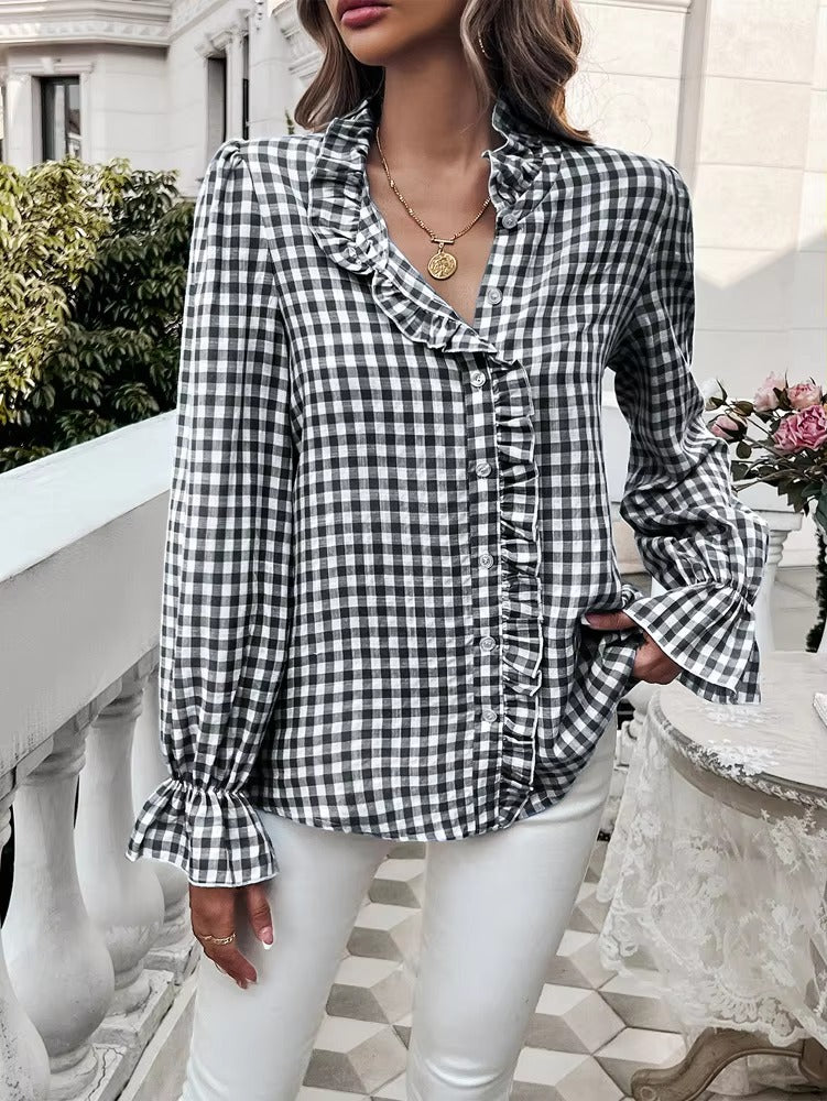 Casual Long-sleeve Single Breasted Ruffled Plaid Button Shirts Mssza