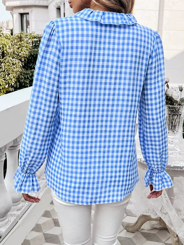 Casual Long-sleeve Single Breasted Ruffled Plaid Button Shirts Mssza