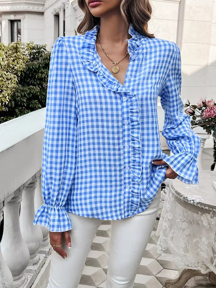 Casual Long-sleeve Single Breasted Ruffled Plaid Button Shirts Mssza