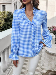 Casual Long-sleeve Single Breasted Ruffled Plaid Button Shirts Mssza
