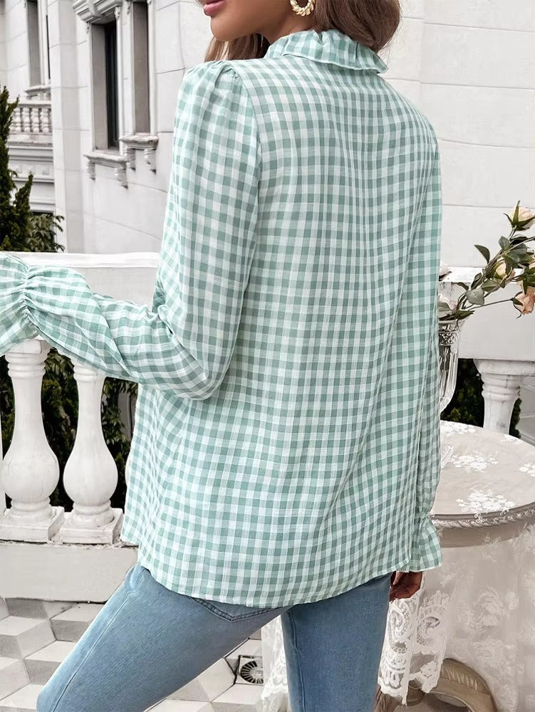 Casual Long-sleeve Single Breasted Ruffled Plaid Button Shirts Mssza
