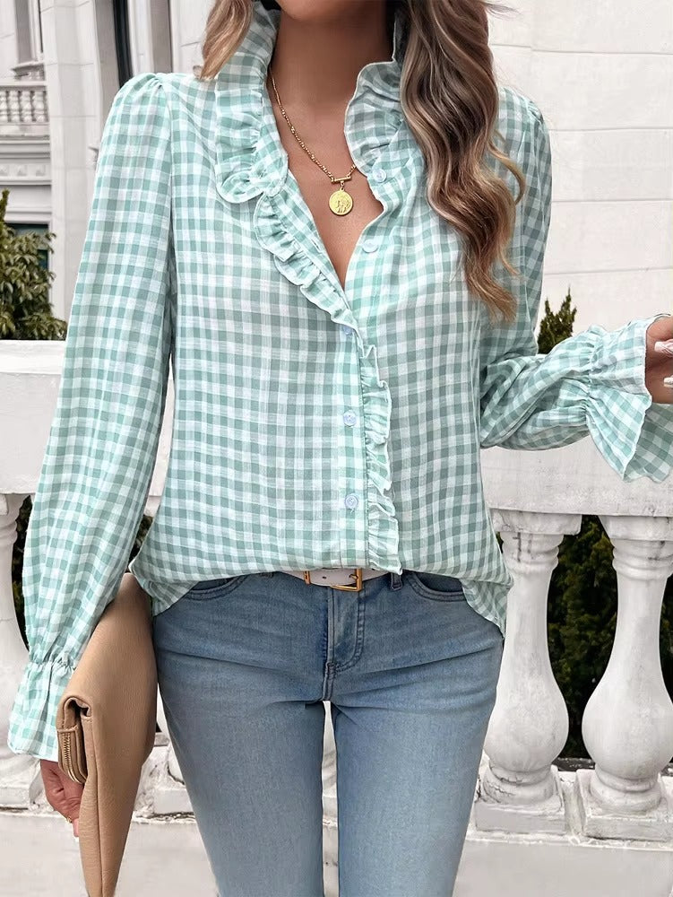 Casual Long-sleeve Single Breasted Ruffled Plaid Button Shirts Mssza