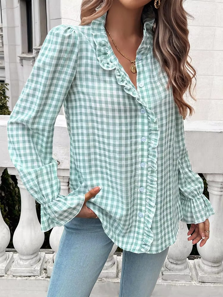 Casual Long-sleeve Single Breasted Ruffled Plaid Button Shirts Mssza