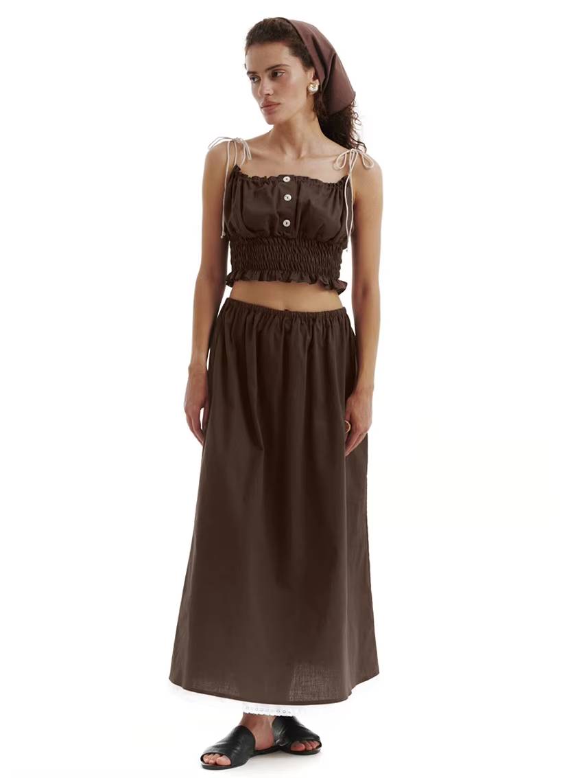 Casual Loose Cotton Strap Sleeveless Crop Top With High Waist Long Skirt 2 Piece Set Mssza