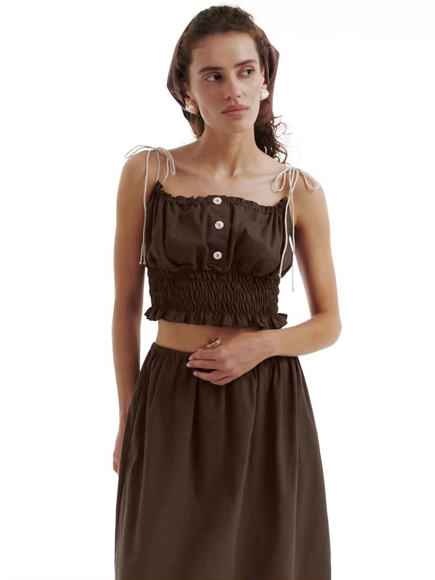 Casual Loose Cotton Strap Sleeveless Crop Top With High Waist Long Skirt 2 Piece Set Mssza