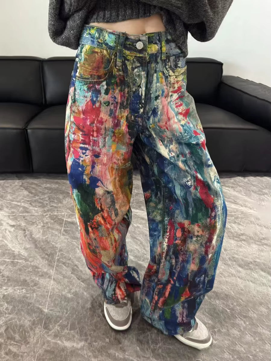 Casual Loose Designer Spliced Zipper High Waist Streetwear Wide Leg Pant Mssza