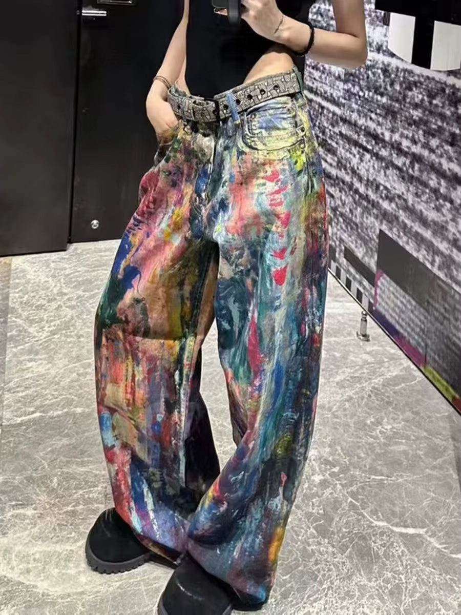 Casual Loose Designer Spliced Zipper High Waist Streetwear Wide Leg Pant Mssza