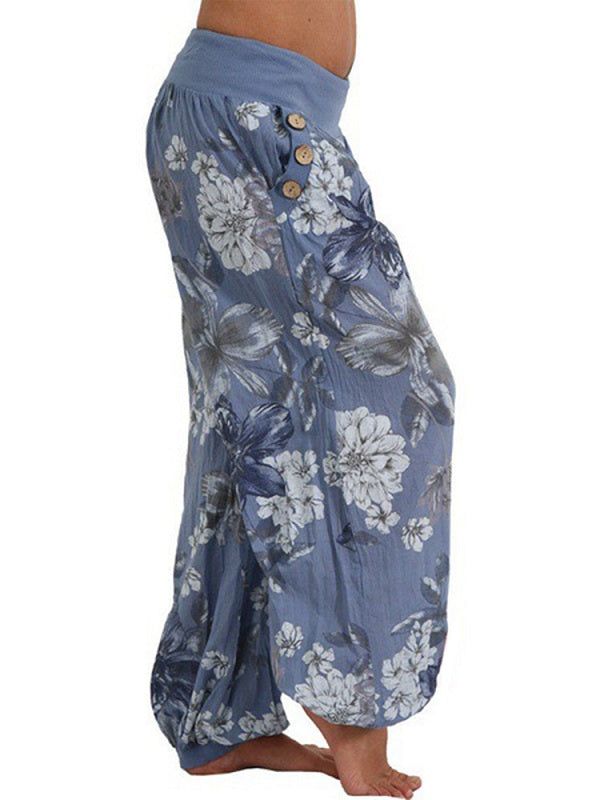 Casual Loose Floral Print Button Full Length Pants Mssza
