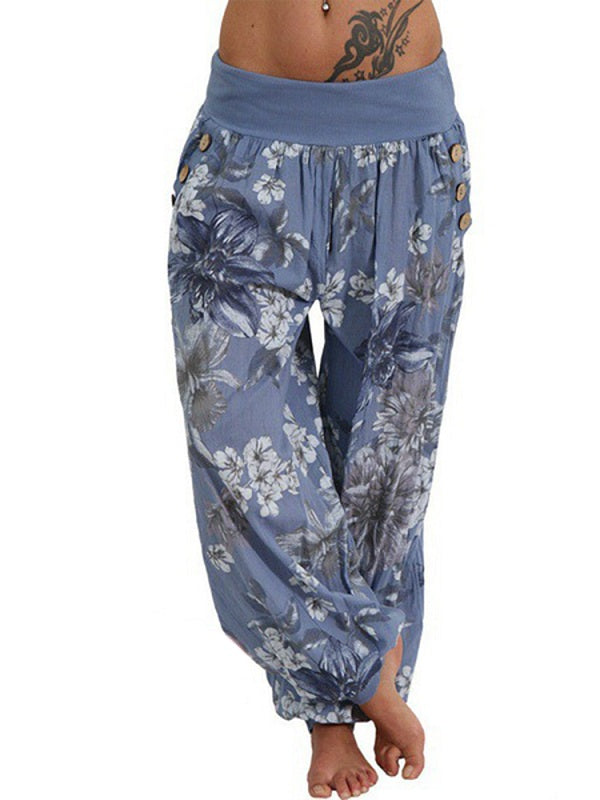 Casual Loose Floral Print Button Full Length Pants Mssza