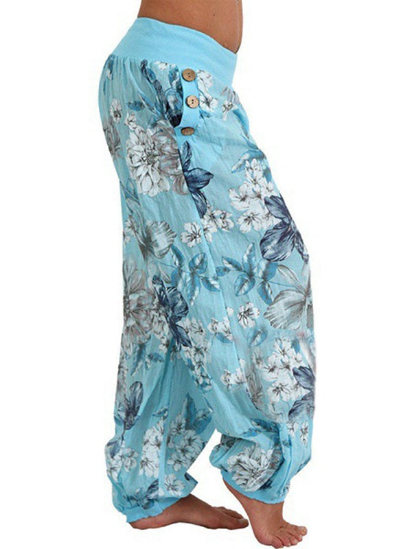 Casual Loose Floral Print Button Full Length Pants Mssza