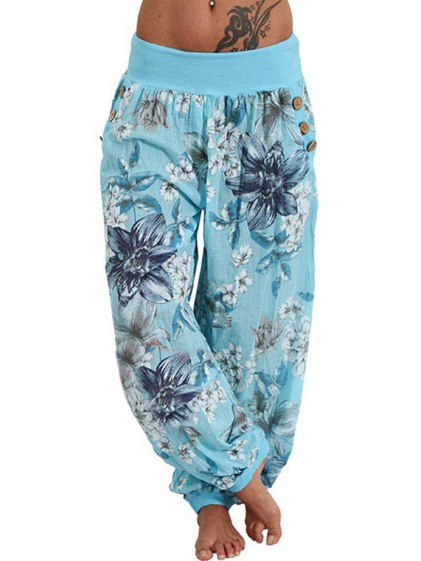 Casual Loose Floral Print Button Full Length Pants Mssza