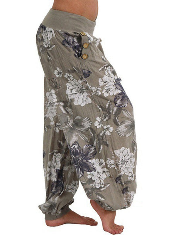 Casual Loose Floral Print Button Full Length Pants Mssza