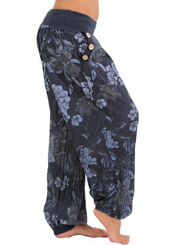 Casual Loose Floral Print Button Full Length Pants Mssza