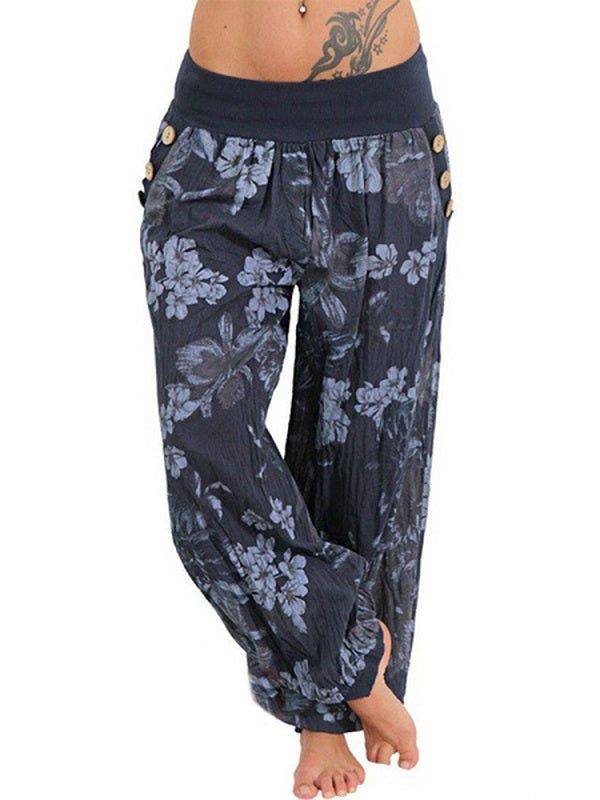 Casual Loose Floral Print Button Full Length Pants Mssza