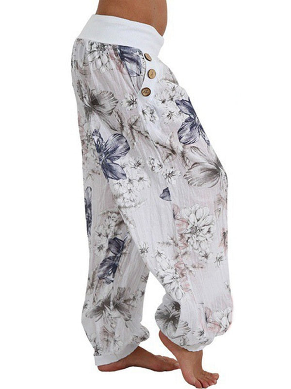 Casual Loose Floral Print Button Full Length Pants Mssza