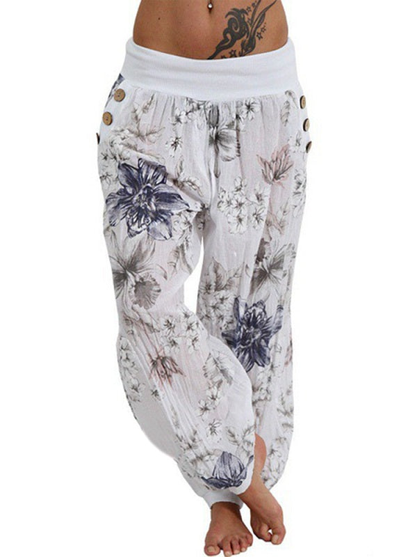 Casual Loose Floral Print Button Full Length Pants Mssza