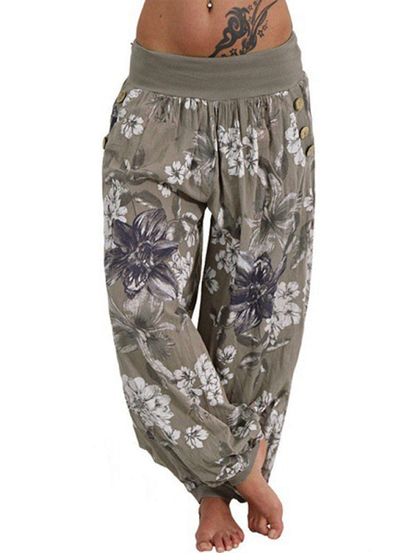 Casual Loose Floral Print Button Full Length Pants Mssza