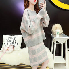 Casual Loose O Neck Long Sleeve Tops+Slim High Waist Sweater Skirt Two Pieces Set Mssza
