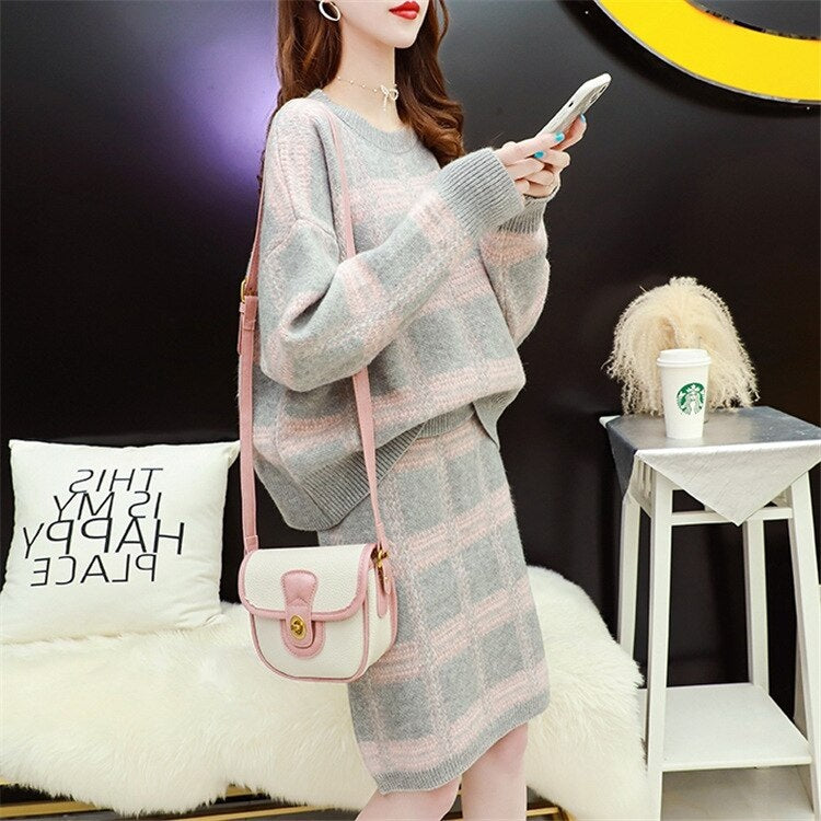 Casual Loose O Neck Long Sleeve Tops+Slim High Waist Sweater Skirt Two Pieces Set Mssza