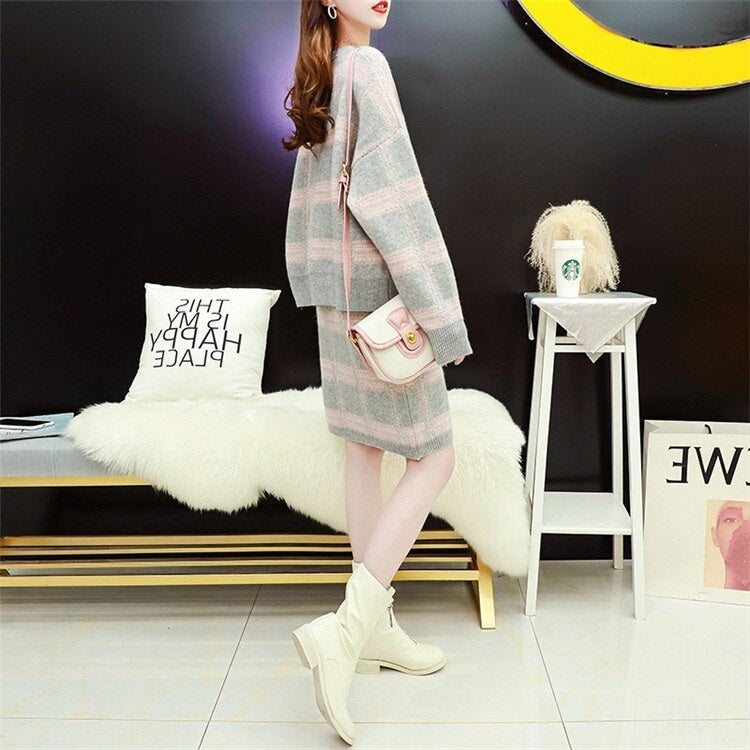 Casual Loose O Neck Long Sleeve Tops+Slim High Waist Sweater Skirt Two Pieces Set Mssza