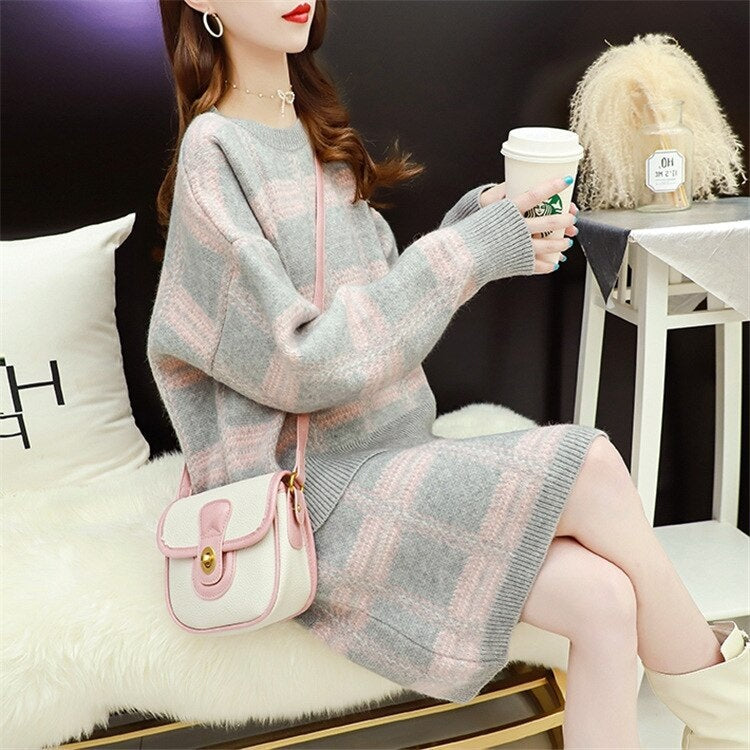 Casual Loose O Neck Long Sleeve Tops+Slim High Waist Sweater Skirt Two Pieces Set Mssza