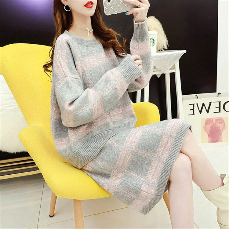 Casual Loose O Neck Long Sleeve Tops+Slim High Waist Sweater Skirt Two Pieces Set Mssza