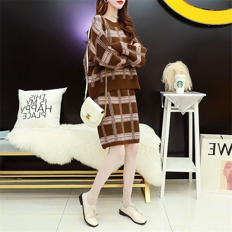 Casual Loose O Neck Long Sleeve Tops+Slim High Waist Sweater Skirt Two Pieces Set Mssza