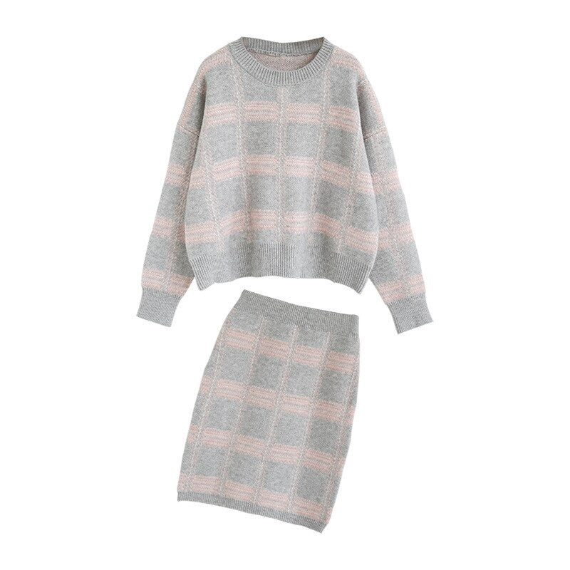 Casual Loose O Neck Long Sleeve Tops+Slim High Waist Sweater Skirt Two Pieces Set Mssza
