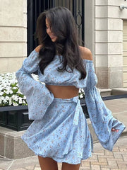 Casual Loose Printed Long Sleeve Crop Top With High Waist Mini Skirt  2 Piece Set Mssza
