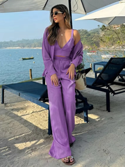 Casual Loose Shirt And Crop Top With High Waist Wide Pants 3 Piece Sets Mssza
