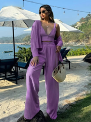 Casual Loose Shirt And Crop Top With High Waist Wide Pants 3 Piece Sets Mssza