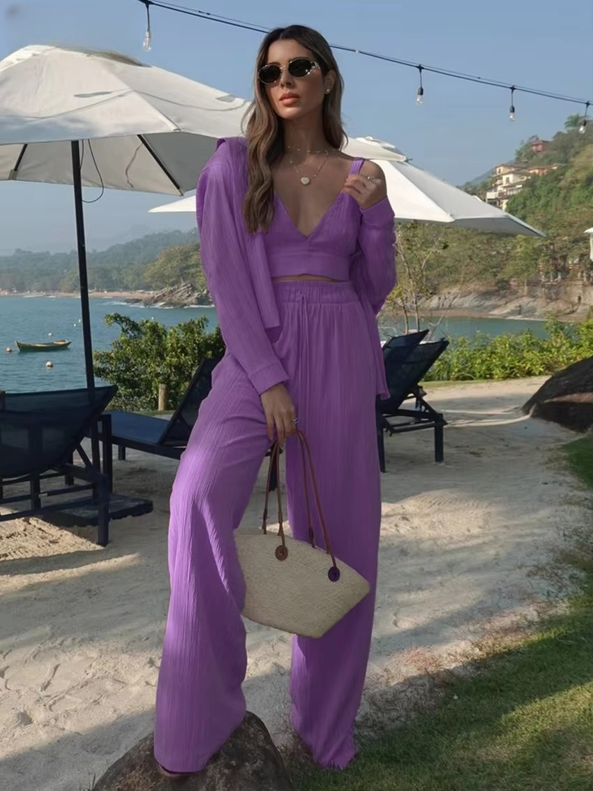 Casual Loose Shirt And Crop Top With High Waist Wide Pants 3 Piece Sets Mssza