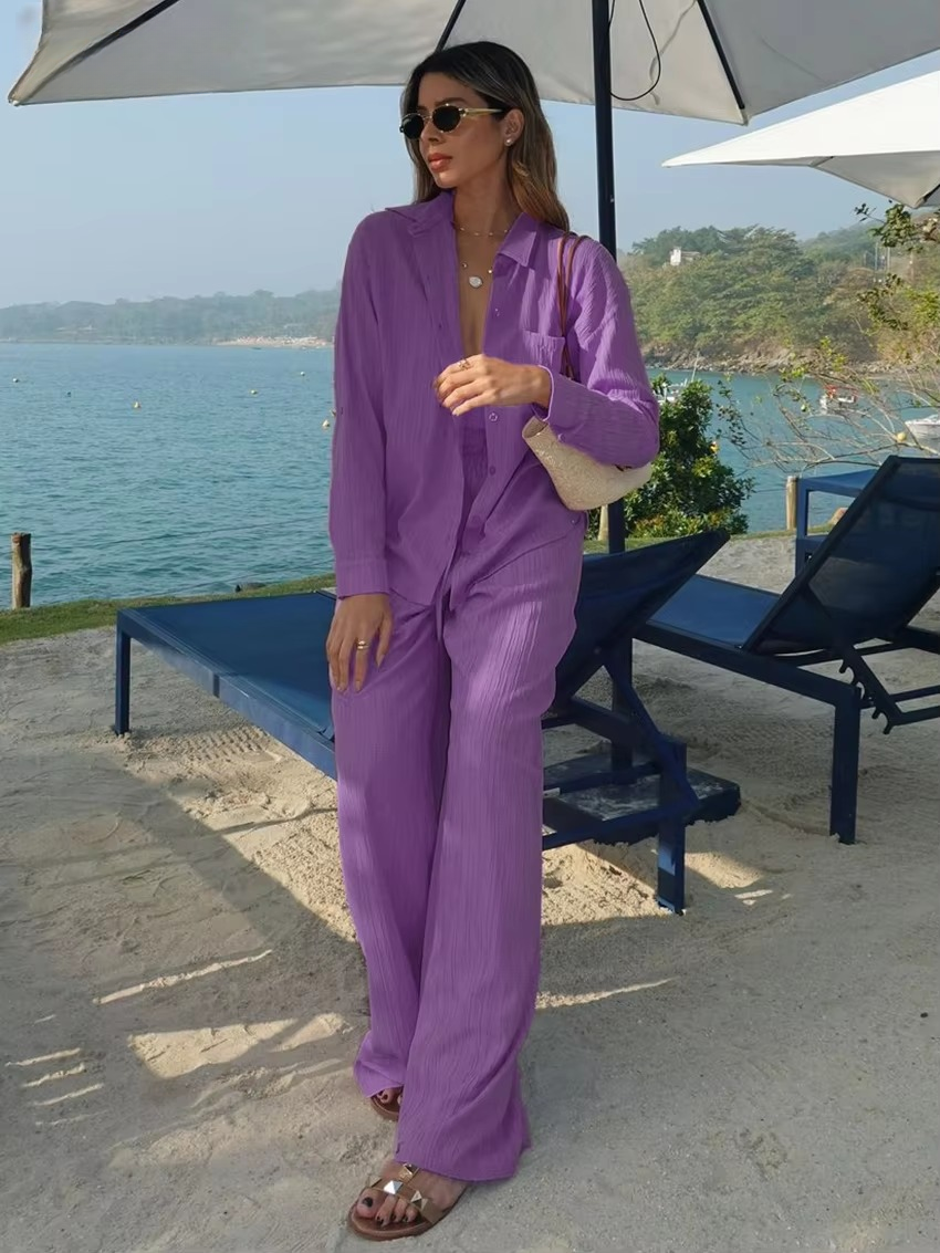 Casual Loose Shirt And Crop Top With High Waist Wide Pants 3 Piece Sets Mssza