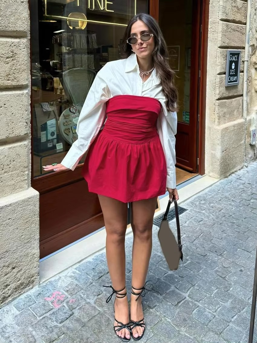 Casual Loose Shirt With Strap Mini Dress Cotton Two Pieces Set Mssza