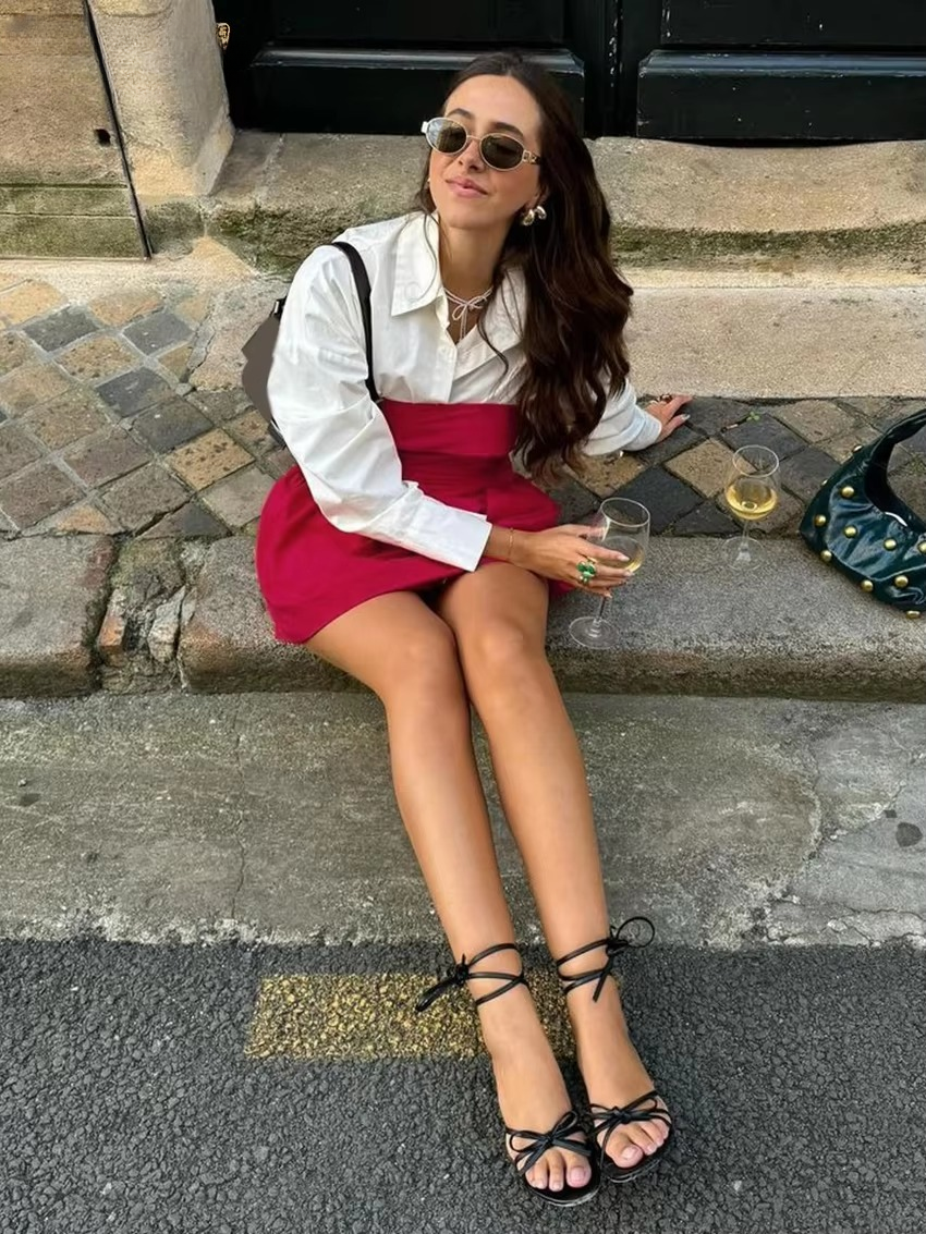 Casual Loose Shirt With Strap Mini Dress Cotton Two Pieces Set Mssza