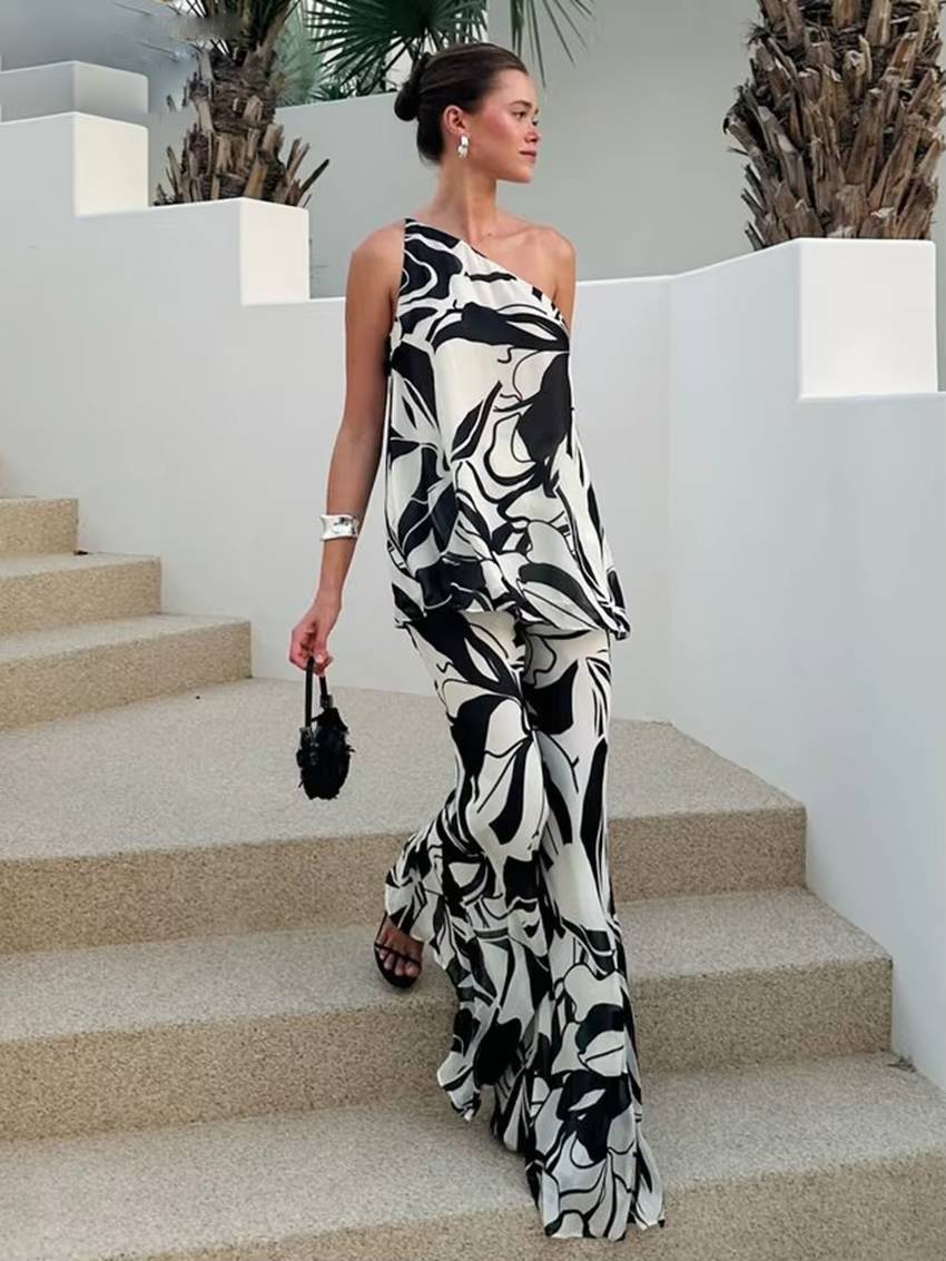 Casual Loose Sleeveless Tank Top With High Waist Wide Pants Printed 2 Piece Sets Mssza