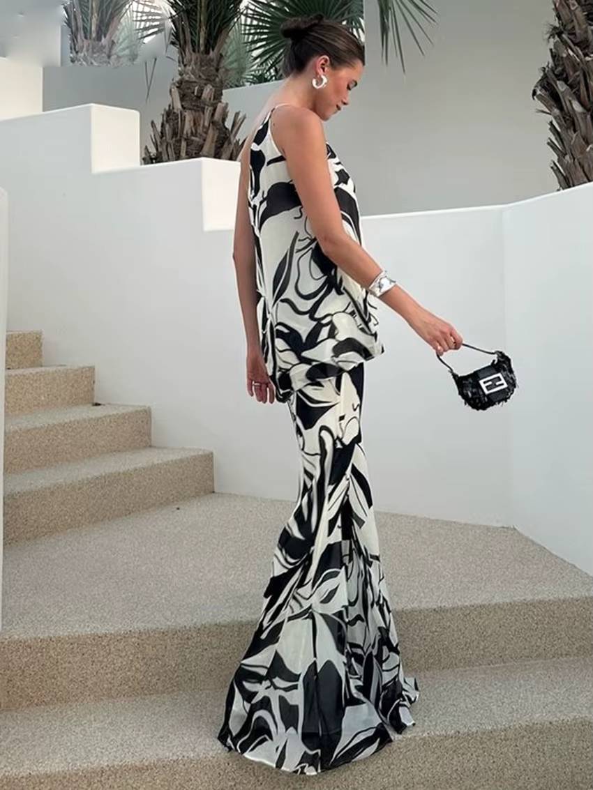 Casual Loose Sleeveless Tank Top With High Waist Wide Pants Printed 2 Piece Sets Mssza