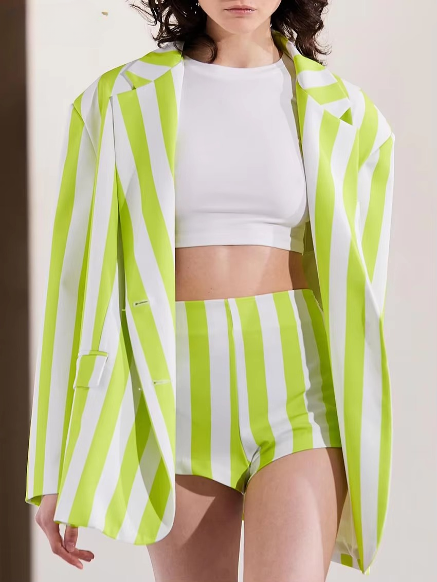Casual Loose Stripe Print Shorts Long Sleeve Blazer 2 Pieces Set Mssza