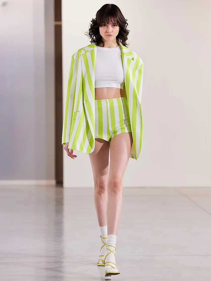 Casual Loose Stripe Print Shorts Long Sleeve Blazer 2 Pieces Set Mssza
