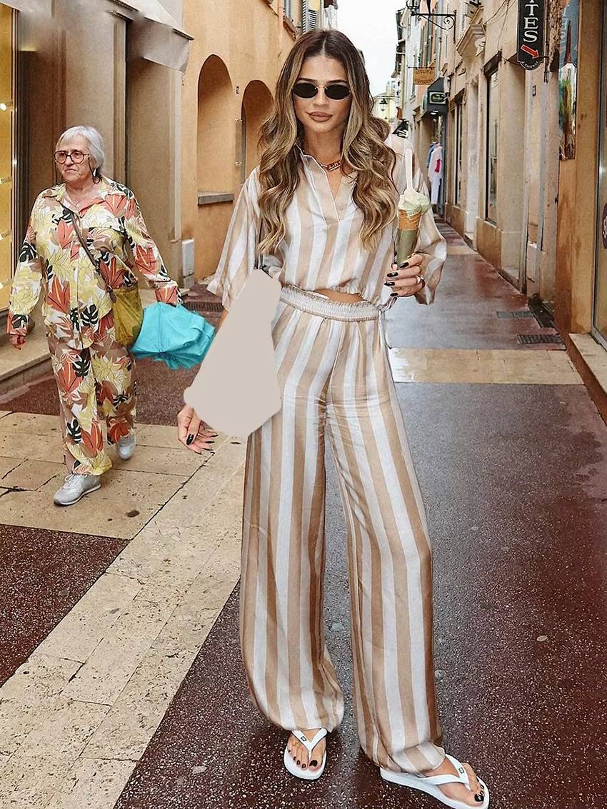 Casual Loose Stripe Printed Short Sleeve Shirt With High Waist Wide Pants 2 Pieces Set Mssza