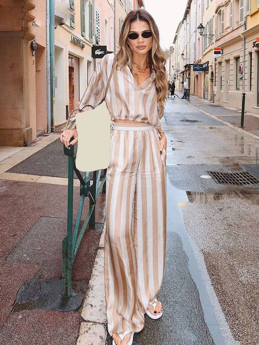 Casual Loose Stripe Printed Short Sleeve Shirt With High Waist Wide Pants 2 Pieces Set Mssza
