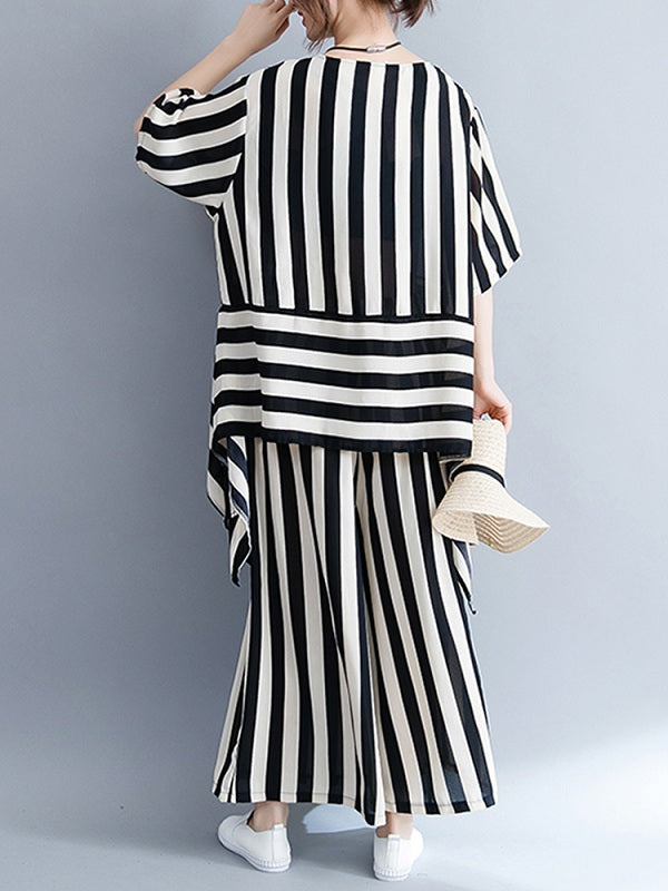 Casual Loose Striped Tops And Pants Sets Mssza
