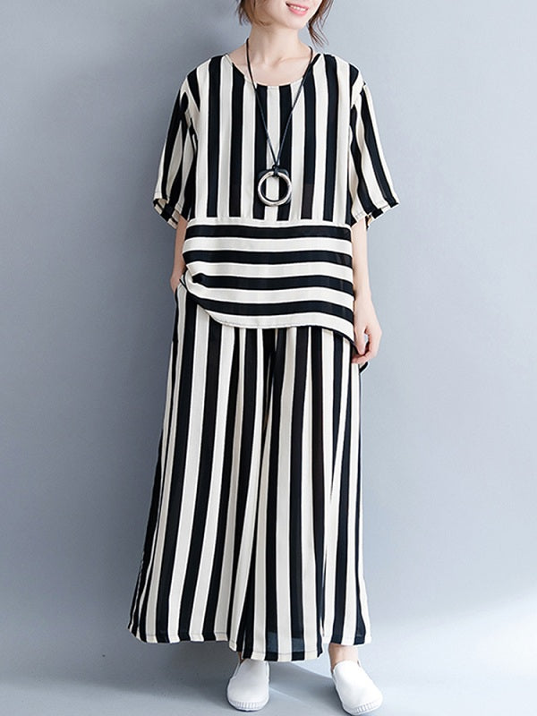 Casual Loose Striped Tops And Pants Sets Mssza