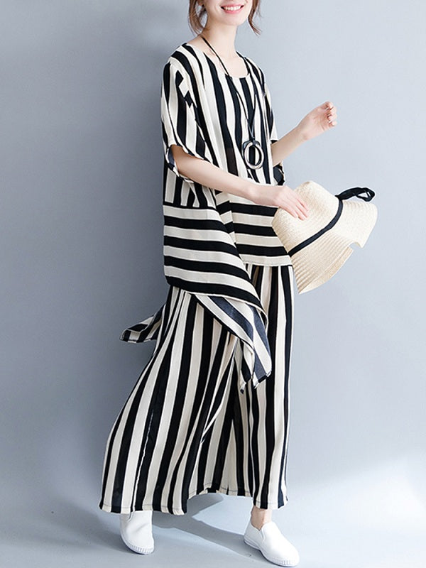 Casual Loose Striped Tops And Pants Sets Mssza