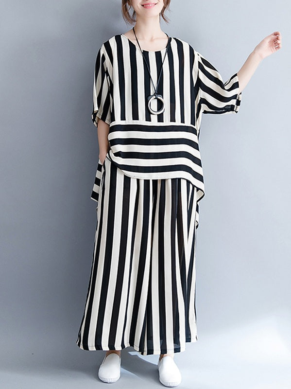 Casual Loose Striped Tops And Pants Sets Mssza