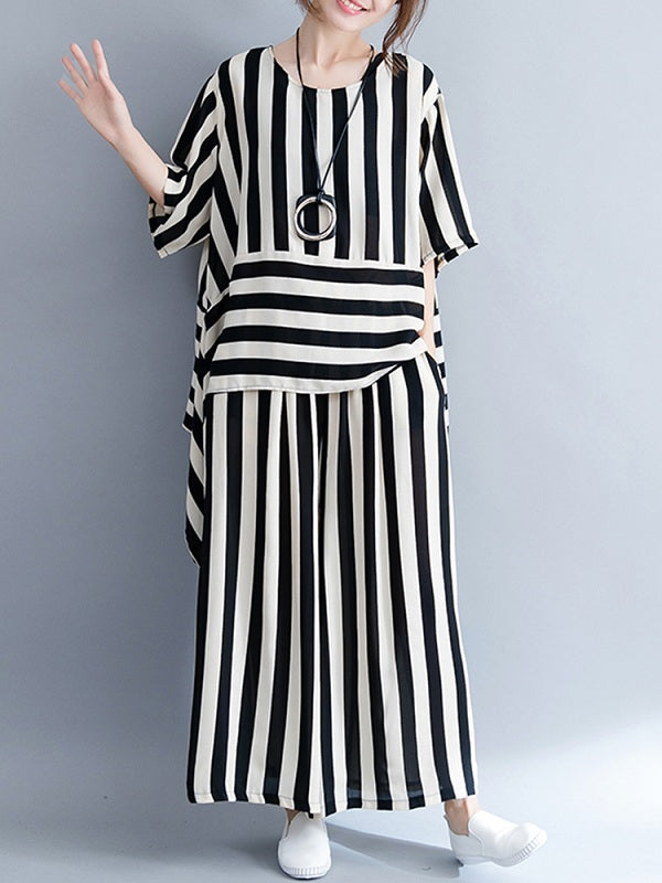 Casual Loose Striped Tops And Pants Sets Mssza