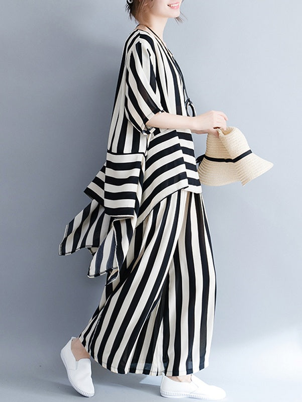 Casual Loose Striped Tops And Pants Sets Mssza
