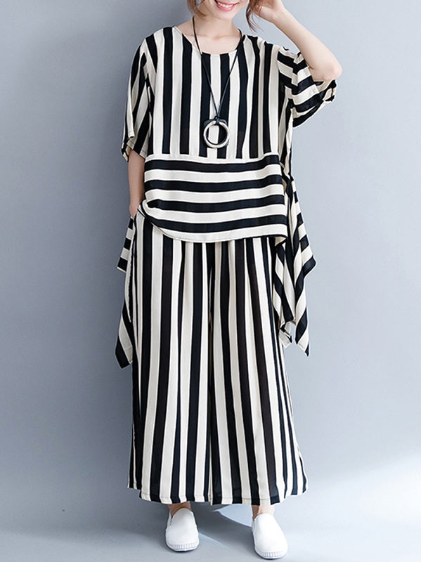 Casual Loose Striped Tops And Pants Sets Mssza