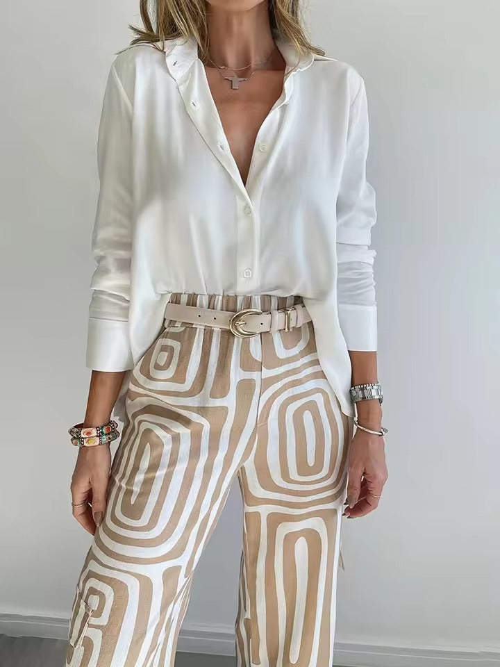 Casual Loose Turn-down Collar Shirt And Trousers Two-piece Set Mssza