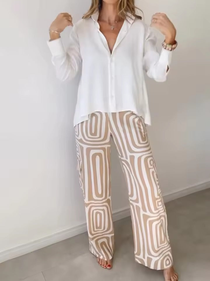 Casual Loose Turn-down Collar Shirt And Trousers Two-piece Set Mssza